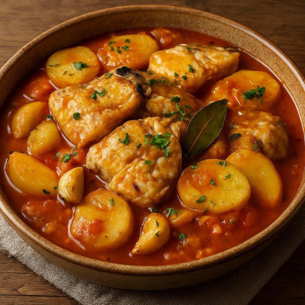 Entree: Portugal – Porto & North – Caldeirada de Peixe (Traditional northern Portuguese layered fish and potato stew braised in olive oil, garlic and white wine) recipe