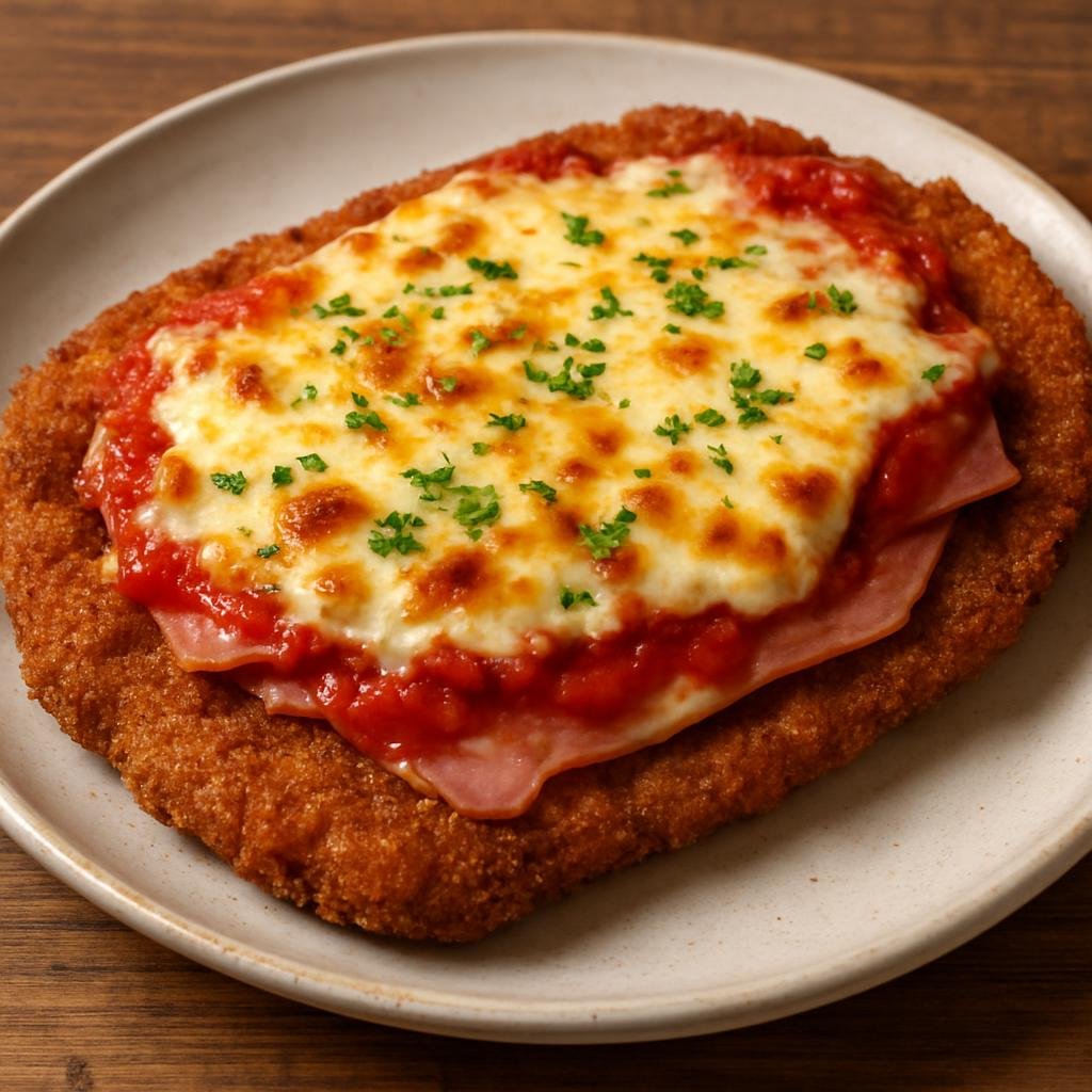 Entree: Argentina – Northwest Argentina – Milanesa a la Napolitana (Breaded and fried beef cutlet topped with ham, tomato sauce, and melted cheese) recipe
