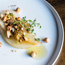 Appetizer: Belgium – Salade de Poire, Endive et Noisettes (Pear, Endive and Hazelnut Salad with Sherry-Thyme Vinaigrette) recipe
