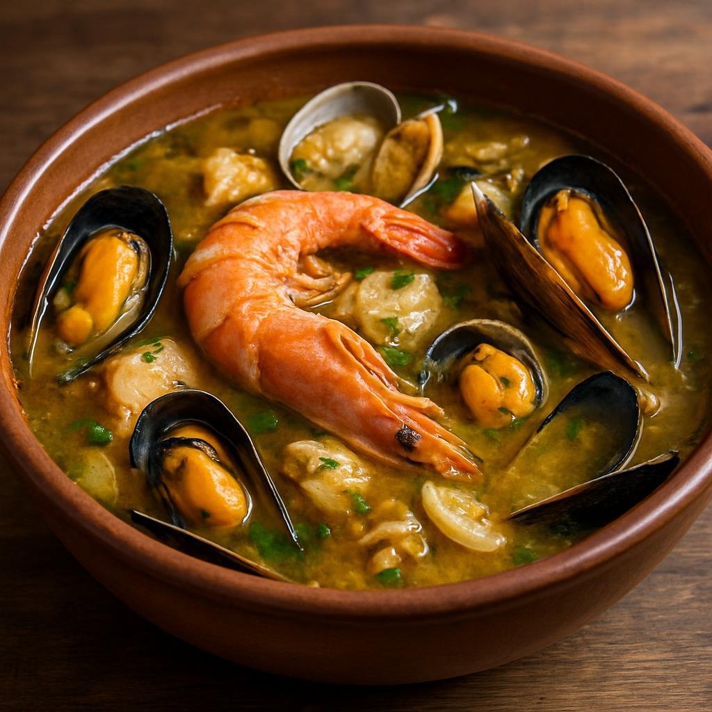 Entree: Chile – Southern Chile – Paila Marina (Chilean mixed seafood stew in a garlicky, wine-scented broth) recipe