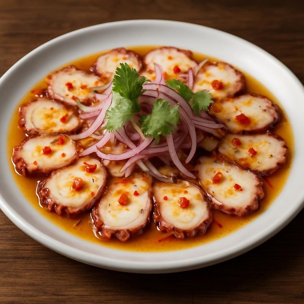 Entree: Peru – Nikkei Peruvian – Nikkei Tiradito de Pulpo (Thinly sliced octopus in a Peruvian-Japanese citrus-chili soy dressing) recipe