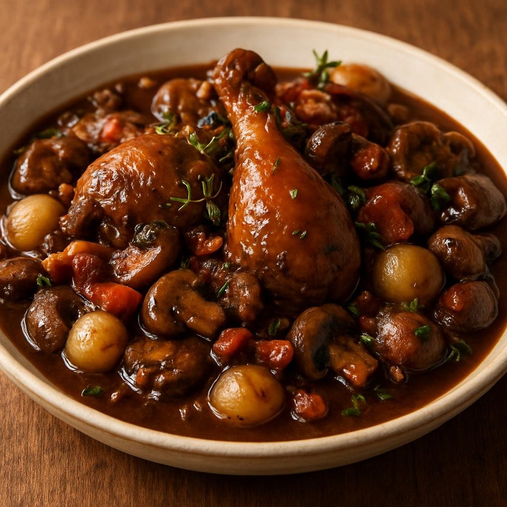 Entree: France – Champagne – Coq au Vin de Champagne (Classic Champagne-braised chicken with mushrooms, bacon, pearl onions, and aromatic herbs) recipe
