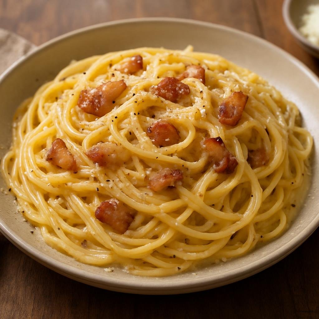 Entree: Italy – Lazio / Rome – Spaghetti alla Carbonara (Creamy Roman pasta made with eggs, Pecorino Romano, guanciale, and black pepper) recipe