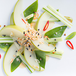 Salad: South Korea – 실키 오이와 배 리본 샐러드 (라임-참깨 드레싱) ▶ Silki Oi-Wa Bae Ribon Saelleodeu (Laim-Chamkkae Deureosing) (Silken Cucumber and Asian Pear Ribbon Salad with Lime-Sesame Dressing) recipe