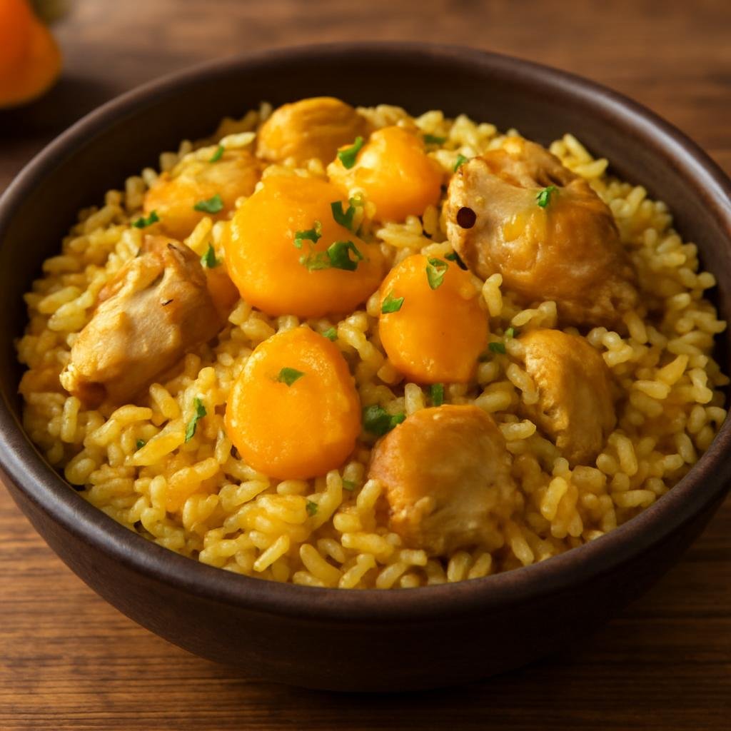 Entree: Brazil – Goias – Arroz com Pequi (Savory long-grain rice cooked with fragrant pequi fruit and chicken, a traditional Goias main course) recipe