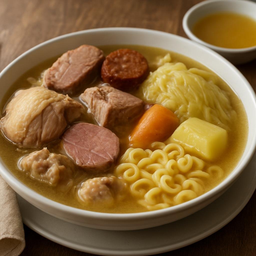 Entree: Spain – Catalonia – Escudella i Carn d'Olla (Traditional Catalan boiled meat and vegetable stew served with broth and pasta) recipe
