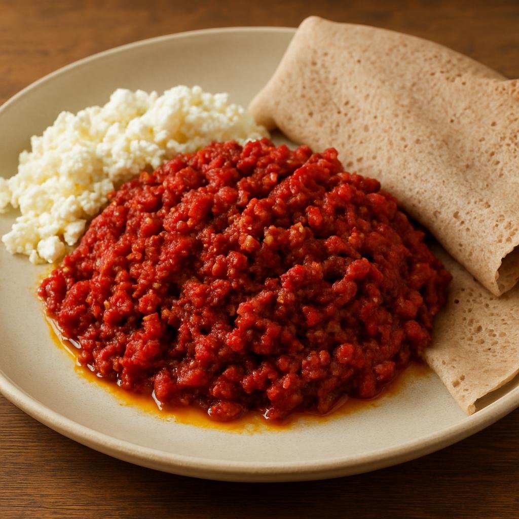 Entree: Ethiopia – Oromo – ክትፎ ➤ kitfo (Minced raw beef tossed with spiced clarified butter and chili spice, traditionally served warm with flatbread and fresh cheese) recipe