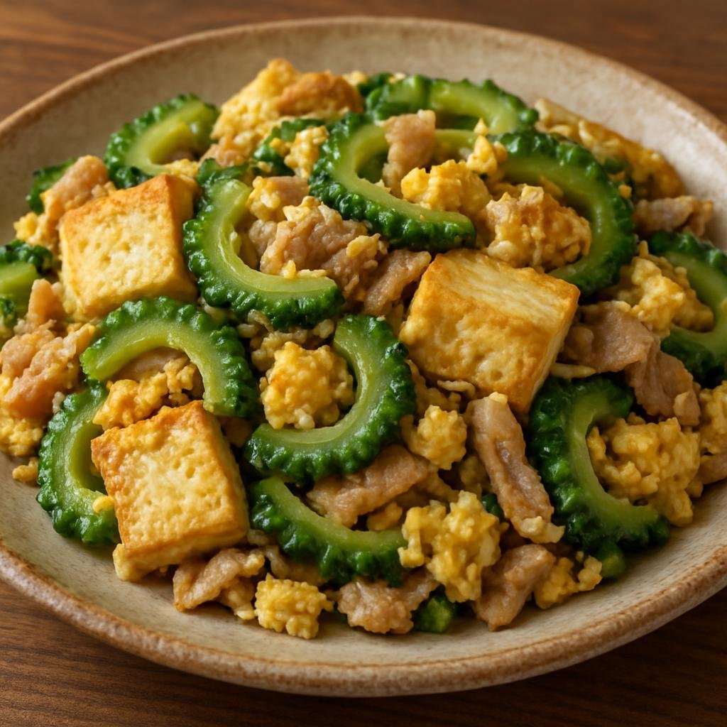 Entree: Japan – Okinawa – ゴーヤチャンプルー ➤ Gōya chanpurū (Okinawan bitter-melon stir-fry with tofu, pork, and egg) recipe