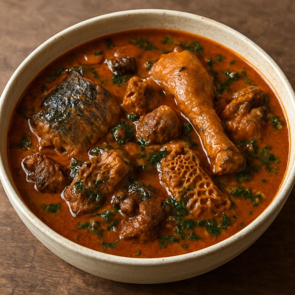 Entree: Nigeria – Niger Delta – Banga Soup (Rich palm-fruit broth stew typically made with assorted meats, fish, local spices, and leafy herbs) recipe