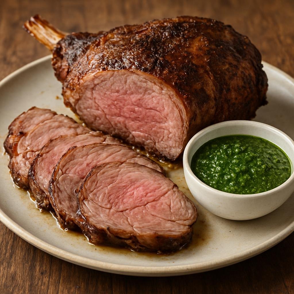 Entree: Australia – Tasmania – Roast Lamb with Mint Sauce (Oven-roasted leg of lamb served with a tangy fresh mint sauce) recipe