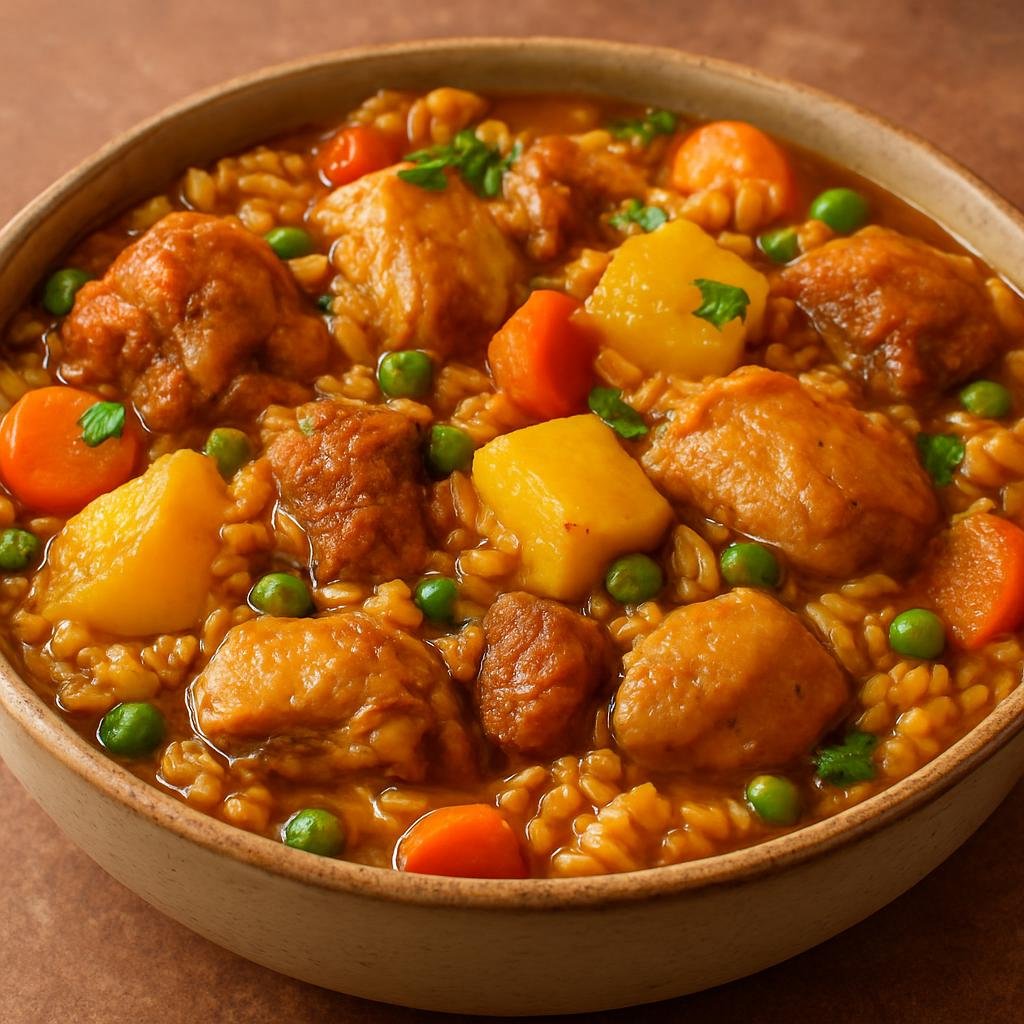 Entree: Colombia – Pacific Coast – Arroz Atollado (Hearty Colombian one-pot rice stew with chicken, pork, potatoes, and vegetables cooked in a seasoned broth) recipe