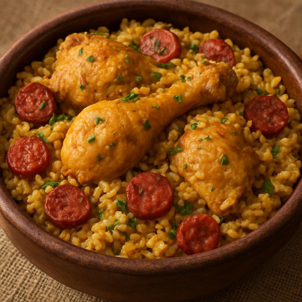 Entree: Brazil – Goias – Galinhada (One-pot braised chicken and rice flavored with sausage and regional seasonings from Goiás) recipe