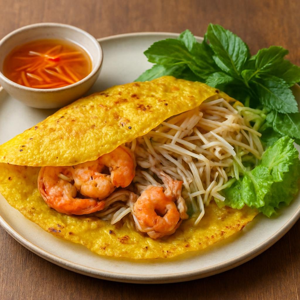 Entree: Vietnam – Southern Vietnam – Bánh Xèo (Crispy Vietnamese savory pancake filled with pork, shrimp, and bean sprouts) recipe