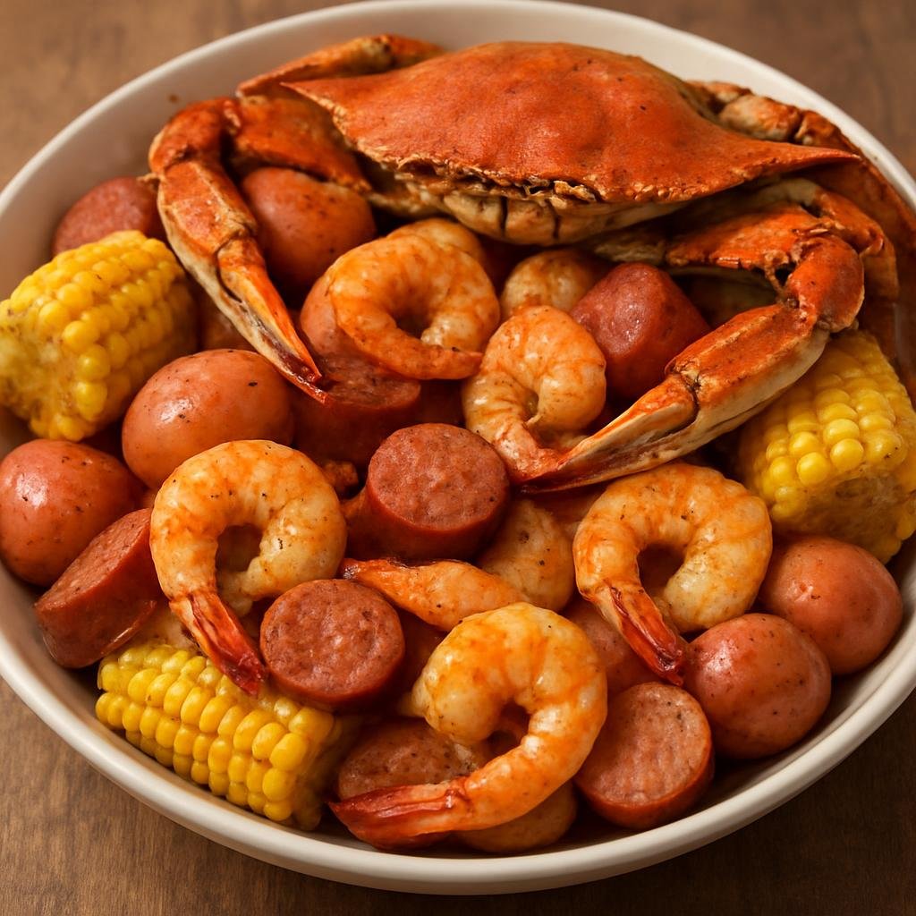 Entree: United States – Carolinas Lowcountry – Frogmore Stew (A communal Lowcountry steam-pot of shrimp, crab, smoked sausage, corn, and potatoes cooked with Old Bay seasoning) recipe