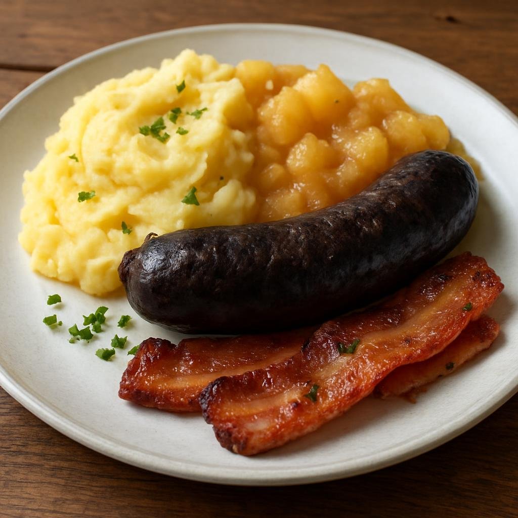 Entree: Germany – Rhineland – Himmel un Ääd (Rhineland dish combining mashed potatoes and stewed apples served with blood sausage and fried bacon) recipe